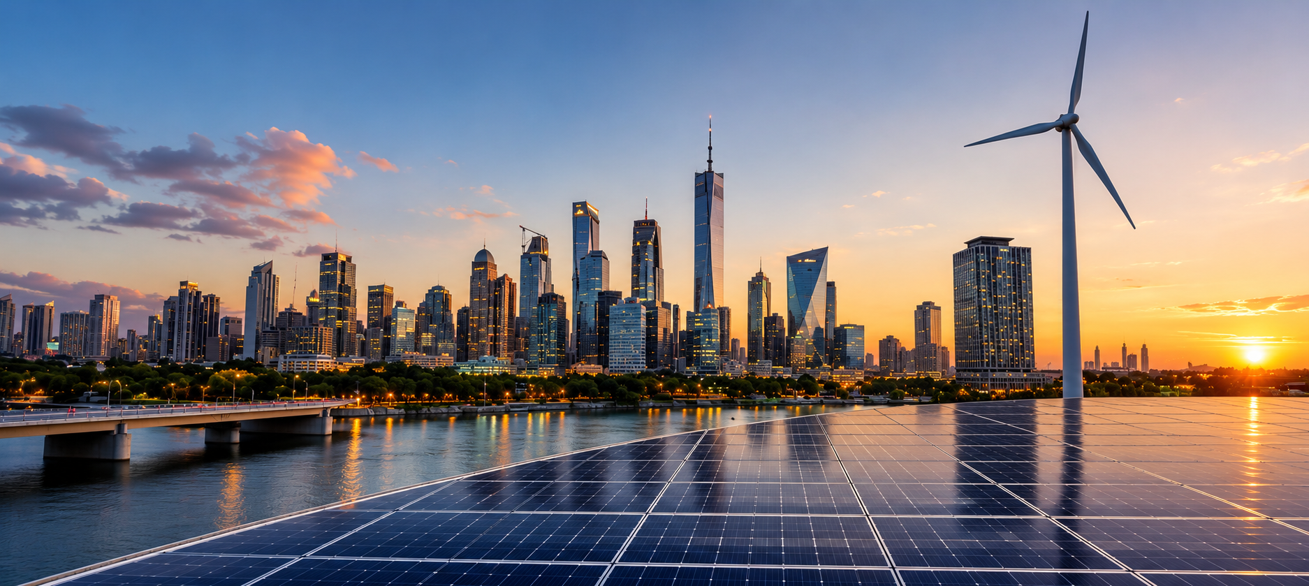 Cidade ao entardecer com painéis solares e turbina eólica
